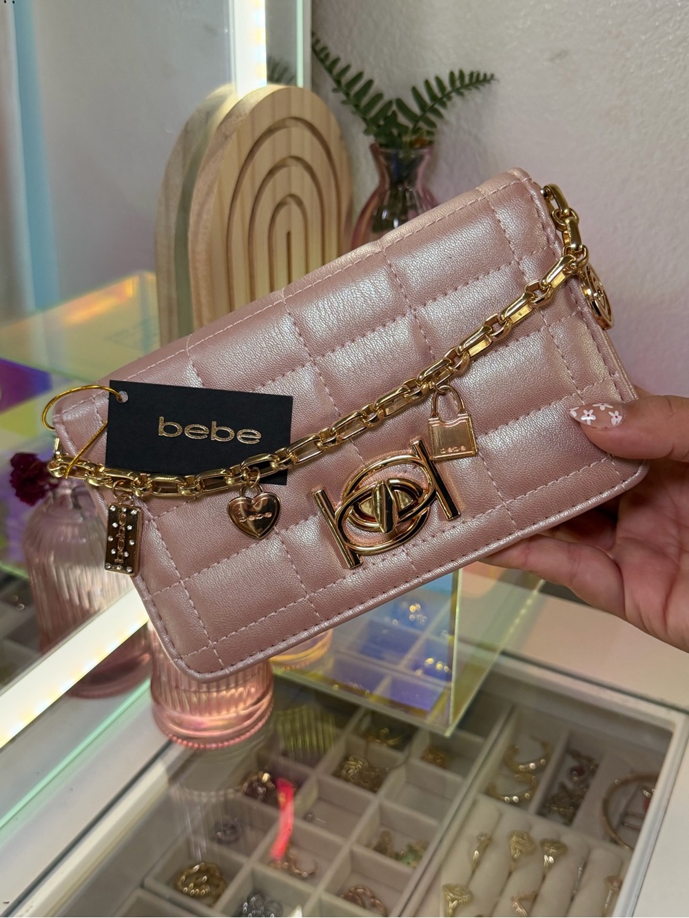 bebe Quilted Metallic Rose Pink Chain Charm Shoulder Bag